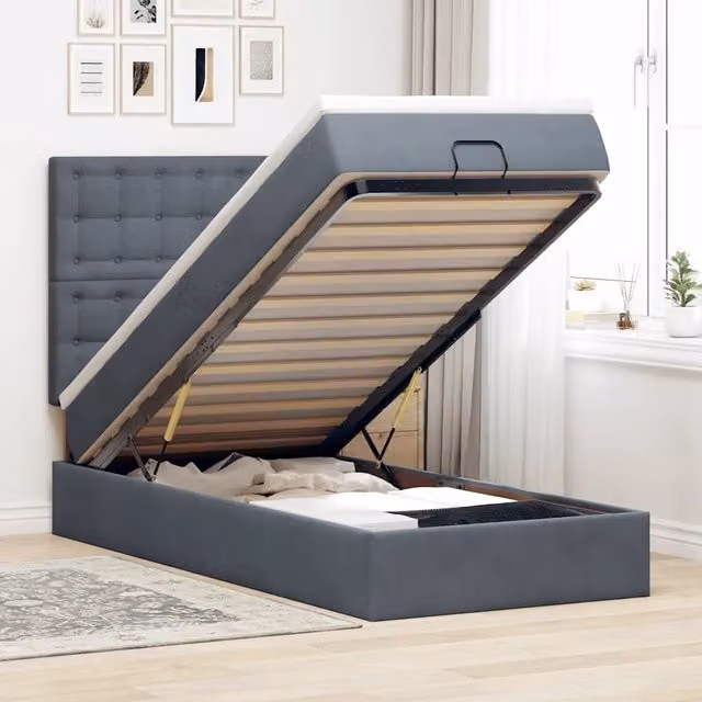 Letto con contenitore a sollevamento vidaXL in velluto con porta USB e illuminazione sottostante, L/P/H: 193 x 90 x 128 cm, Grigio e Bianco – 1