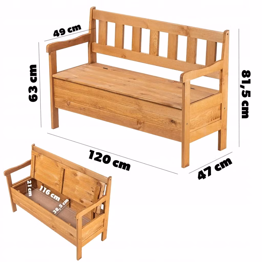 Panchina da giardino Kadax in legno di pino marrone con schienale, braccioli e contenitore per cuscini – 2