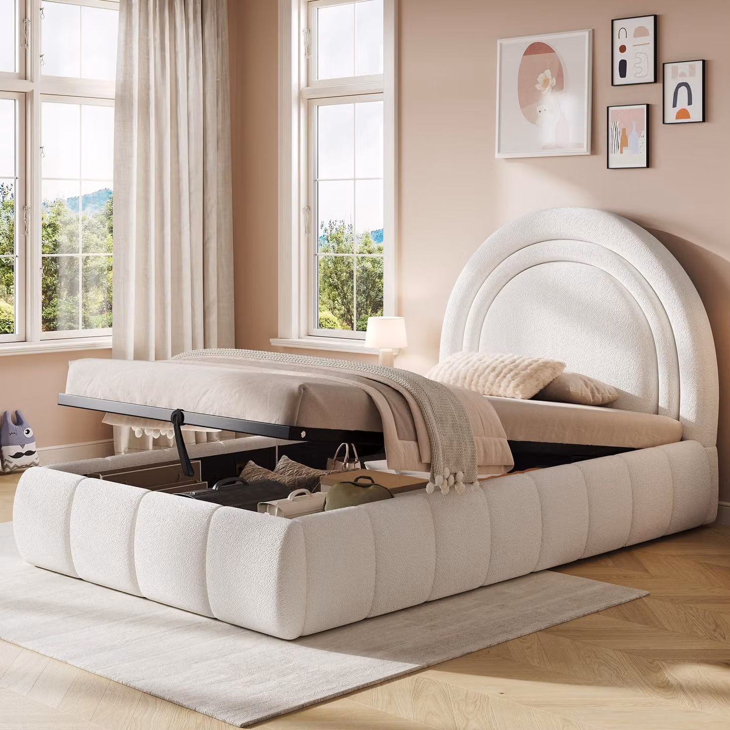 Letto per bambini MODFU 90x200 con materasso, letto imbottito con vano contenitore idraulico, letto per ragazzi con testiera spessa 10 cm, fianchi e pediera con bordi arrotondati, beige
