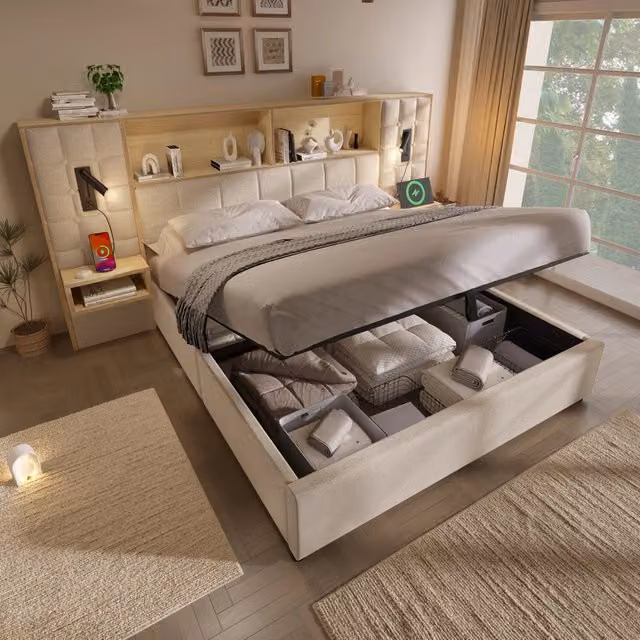 Letto contenitore 180 × 200 cm con luci da lettura, USB e Type-C, 2 comodini sospesi, senza materasso