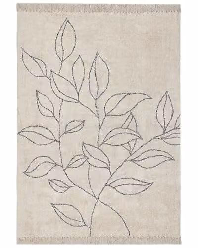 Tappeto cotone trapuntato motivo a foglie e nappe 160 x 230 cm beige e nero