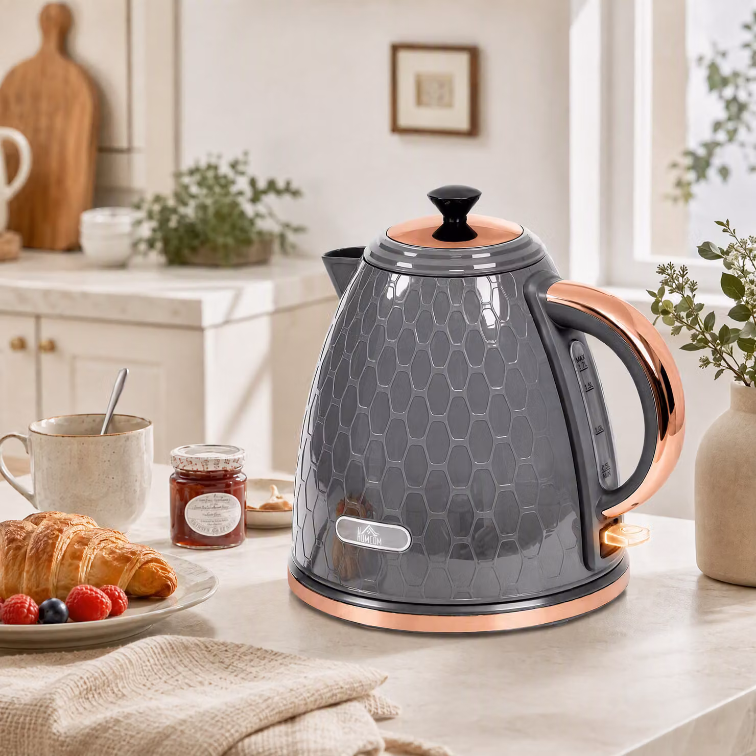 Bollitore elettrico rapido HOMCOM da 2200W con finestra trasparente e filtro, grigio – 2