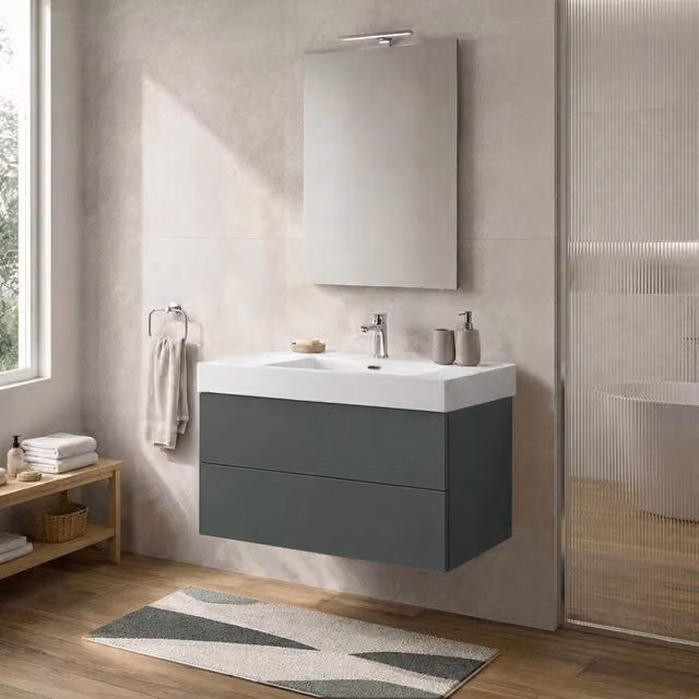 Mobile bagno sospeso Tierra INBAGNO verde con due cassetti push-pull e lavabo in resina L: 100 cm