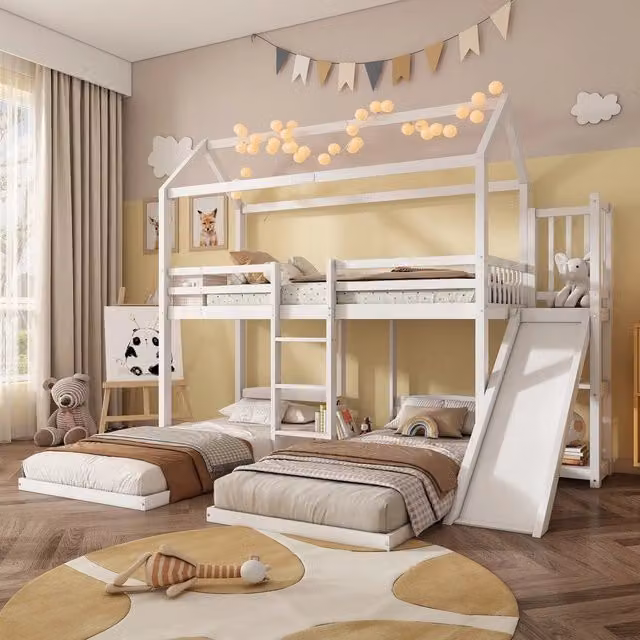 Letto a Castello con Scivolo e Tetto ¨C MINIMAL ¨C Pino e MDF, Bianco, 90x200cm