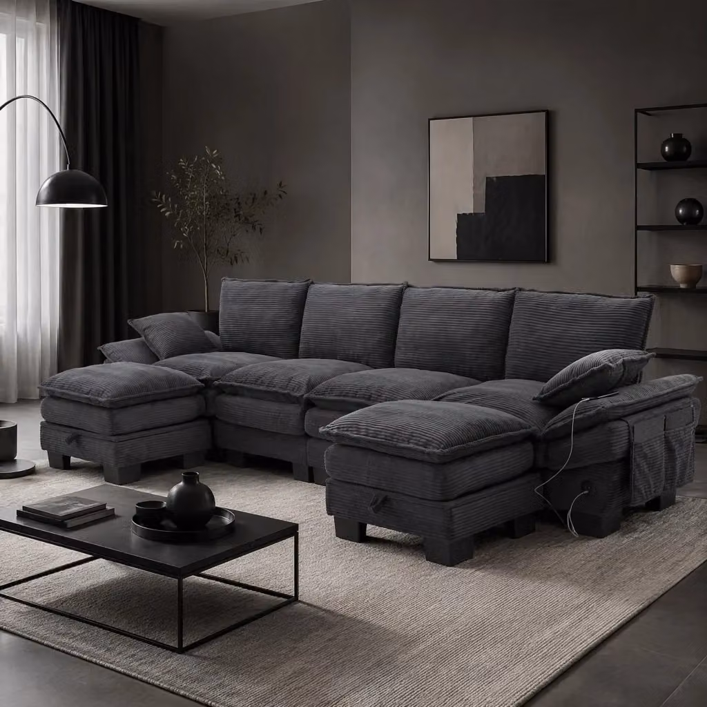 Divano modulare MODFU a 4 posti in velluto a coste grigio con pouf e ricarica USB-C L/P/H: 330 x 132 x 84 cm – 2