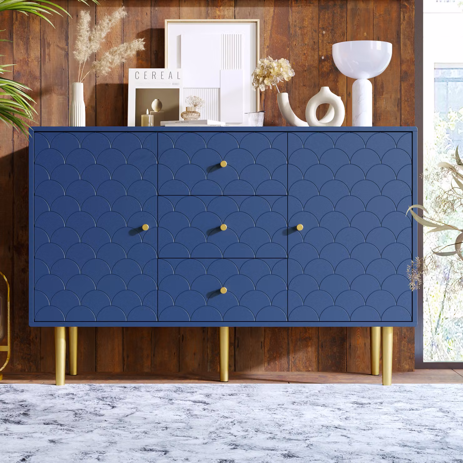 STILVORA: cassettiera con 2 ante e 3 cassetti, credenza con angoli arrotondati e piano con motivo a squame di pesce, mobile ausiliario con gambe alte in metallo e ripiano regolabile, blu navy