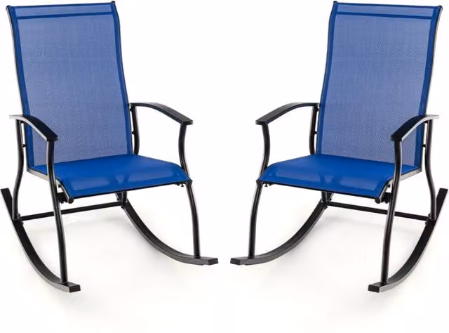 2 Sedie a dondolo da esterno con schienale traspirante telaio metallico, Sedie a dondolo per giardino Blu scuro