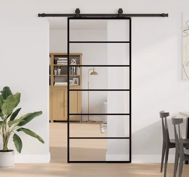 Porta Scorrevole Moderna VIDAXL in Vetro Trasparente con Ferramenta Nera in Alluminio L: 90 cm, H: 205 cm – 1