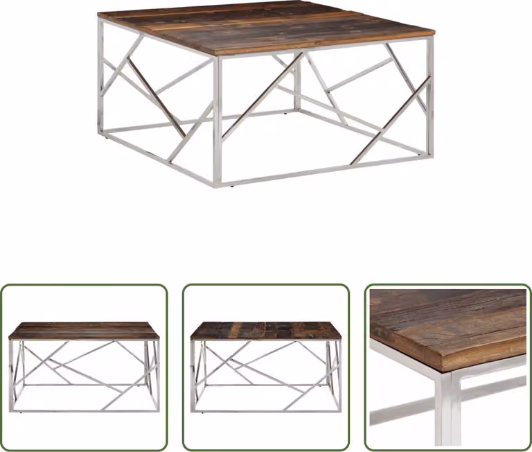 The Living Store Tavolino in acciaio inox argento e davanzali in legno massiccio