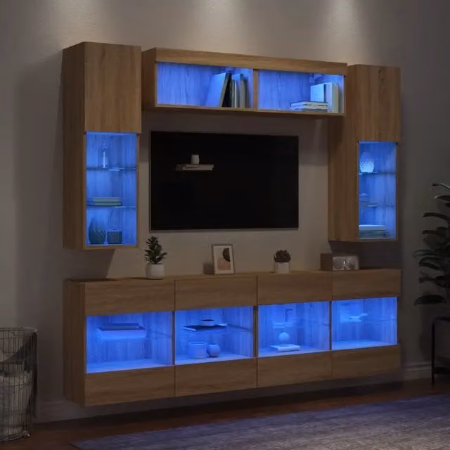 Set di mobili TV a muro da 6 pezzi vidaXL in rovere color marrone con finitura opaca per soggiorno o ufficio in casa – 1