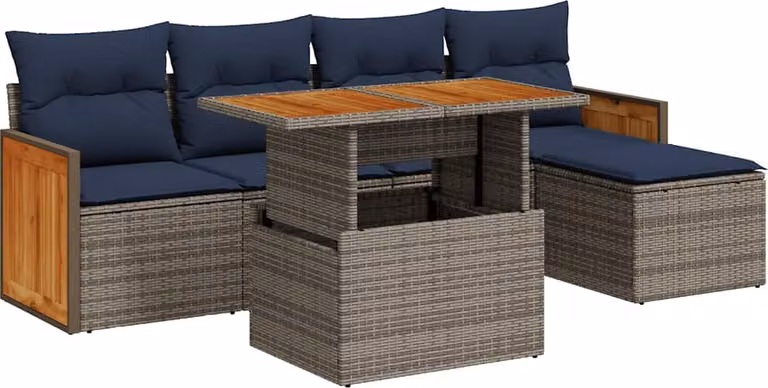 Set Divano da Giardino 6pz con Cuscini Grigio Polyrattan Acacia