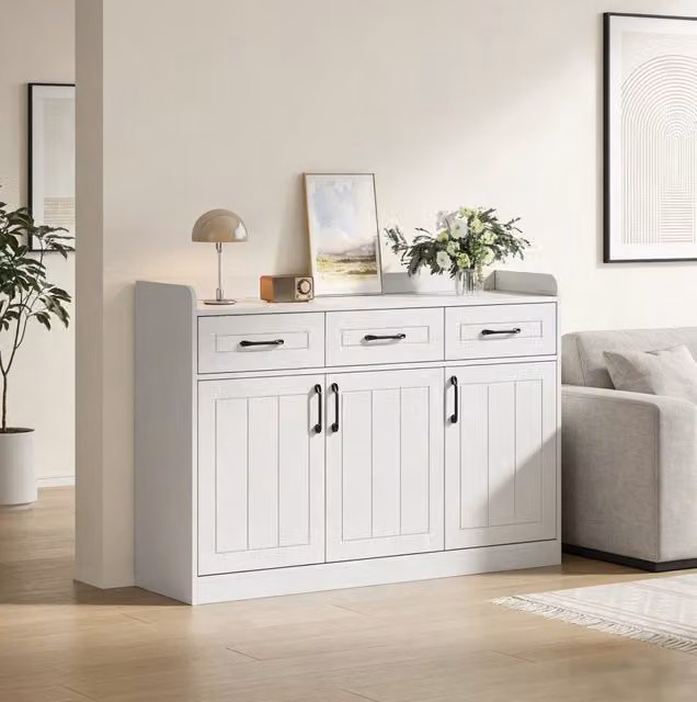 Mobiletto bianco 120x35x80 cm con 3 cassetti e 3 ante, piano regolabile e design a righe