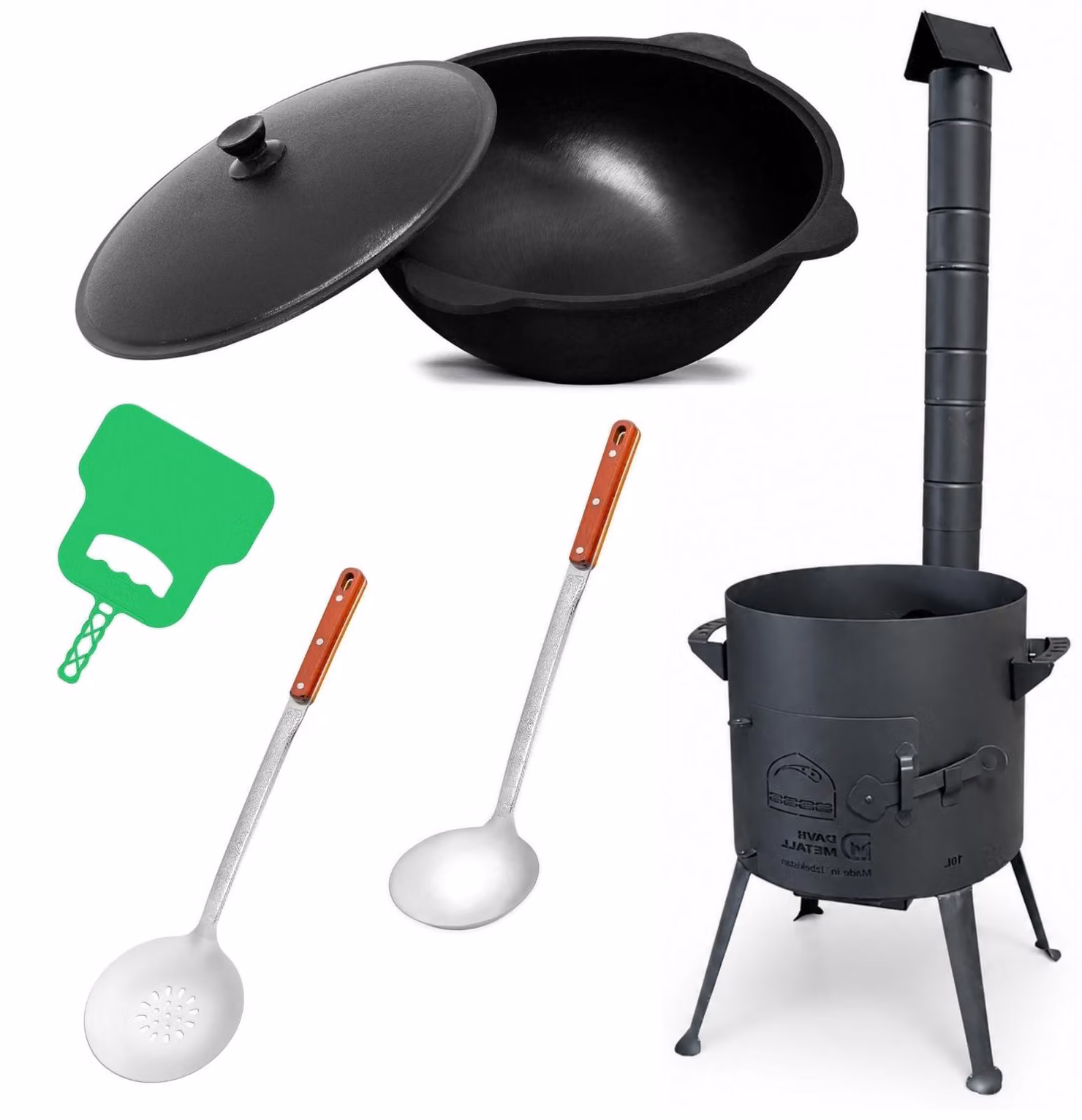 Ø36 cm Uchag, acciaio da 2 mm con tubo di scarico, 12 L, Kasan in ghisa, focolare Kazan, WOK, Utschak, Utschag, cucina da campo, fornello da campeggio, cucina da esterno, fornello per stufati con mestolo, mestolo da minestra, griglia