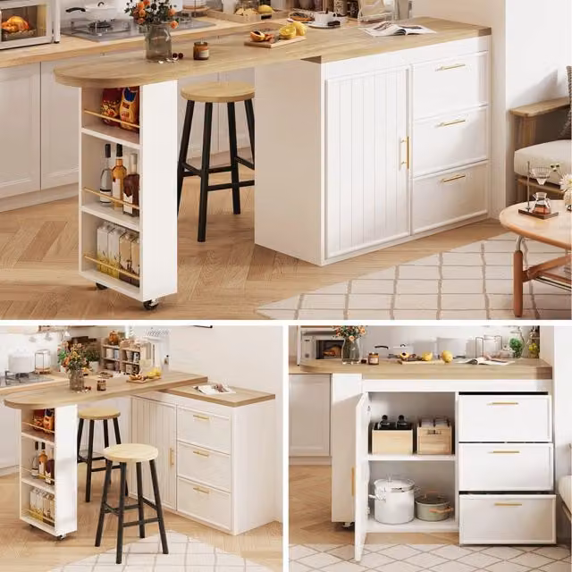 Bartisch con funzione girevole 360°, ripiani regolabili e sicurezza anti-ribaltamento, 3 cassetti e mensola laterale, tavolo alto versatile per sala da pranzo, soggiorno e home office