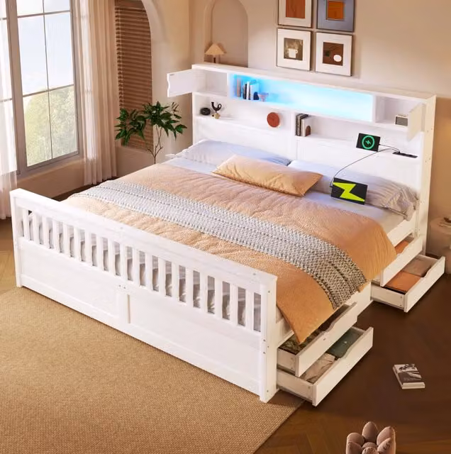 Letto a piattaforma 180x200 cm con testiera libreria; LED e 4 cassetti; bianco