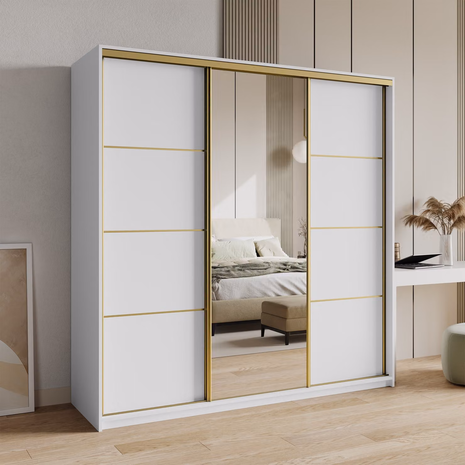 Armadio scorrevole Masseno VARO 200/205/60 cm Armadio con cassetti Armadio per camera da letto a 3 ante con specchio Bianco + Oro