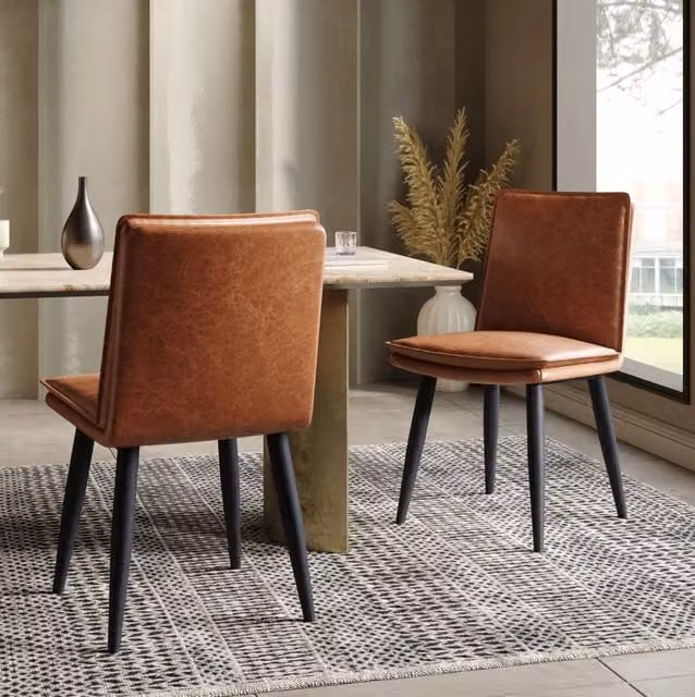 Set di 2 sedie da pranzo in PU marrone con seduta doppio strato e gambe in metallo