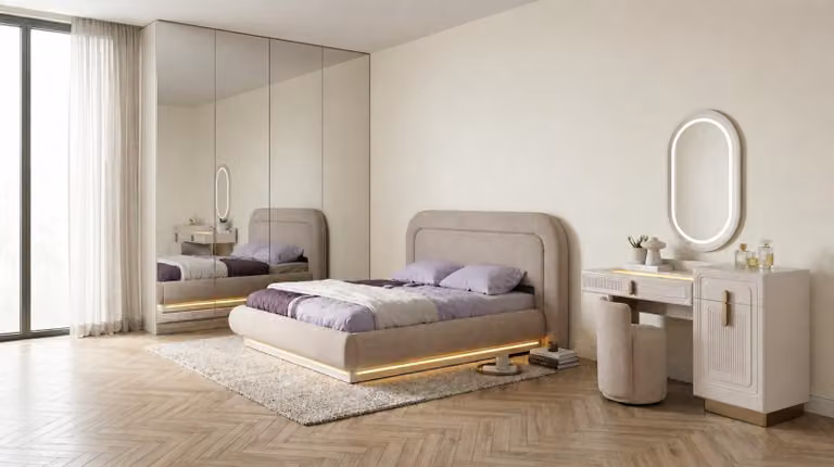 Set per camera da letto: letto beige, tavolino da trucco, sgabello. Design elegante e moderno