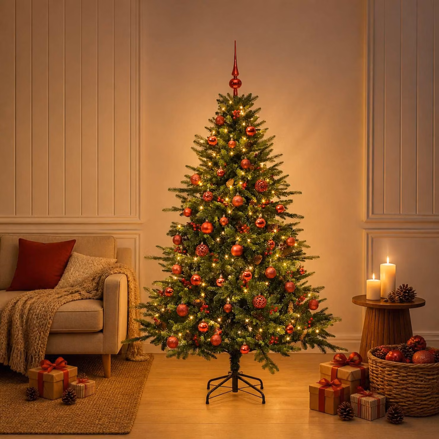 Albero di Natale artificiale verde vidaXL con 150 LED luce bianca calda e decorazioni con palline, Altezza: 120 cm