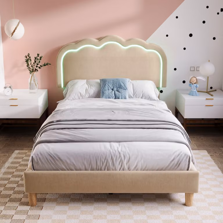 okwish Letto imbottito 90 x 200 cm con rete a doghe e testata regolabile, Lino, Beige