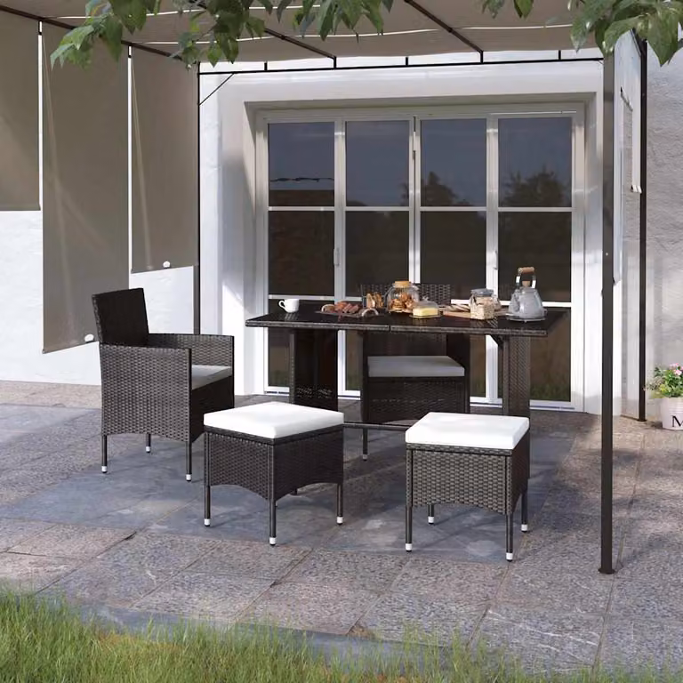 Set di 4 sedie da giardino con poggiapiedi vidaXL in polyrattan nero con cuscini inclusi