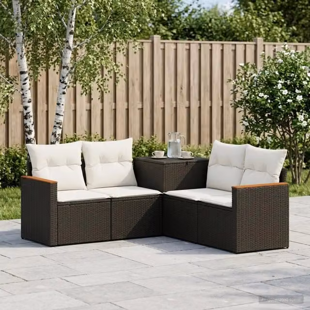 Set di divani da giardino a L vidaXL in polyrattan nero e bianco con cuscini inclusi