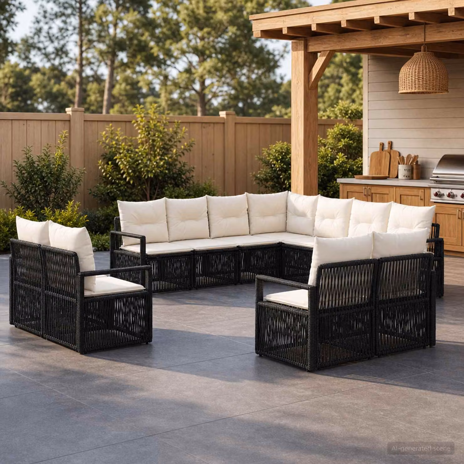 Set Divano da Giardino vidaXL a forma a U composto da 11 pezzi in rattan nero con cuscini imbottiti e struttura in acciaio