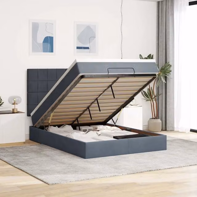 Letto con contenitore a sollevamento vidaXL in velluto con materasso L: 140 cm, P: 200 cm, H: 128 cm, 144 cm, 203 cm, 280 cm, colori grigio e bianco