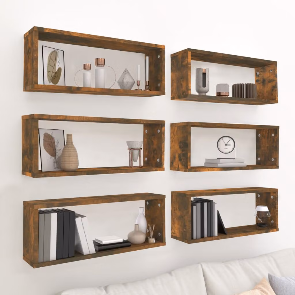 Set di 6 mensole a cubo da parete vidaXL in multistrato color rovere fumo, L 60 cm x P 15 cm x H 23 cm