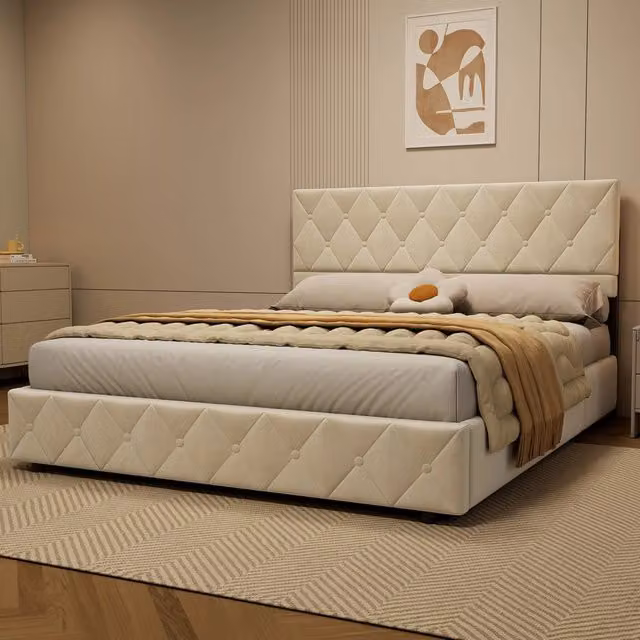 Letto matrimoniale imbottito 160x200 cm beige in velluto con rete a doghe e struttura in MDF, compensato e ferro