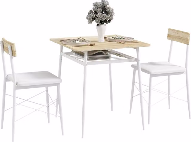 Set Tavolo e Sedie da Pranzo Minimal 3 Pezzi con Ripiano Aperto Bianco e Rovere