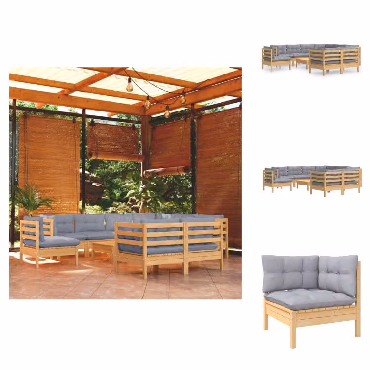 vidaXL Set di 10 pezzi da giardino con cuscini grigi in pino massiccio - Set di mobili da giardino