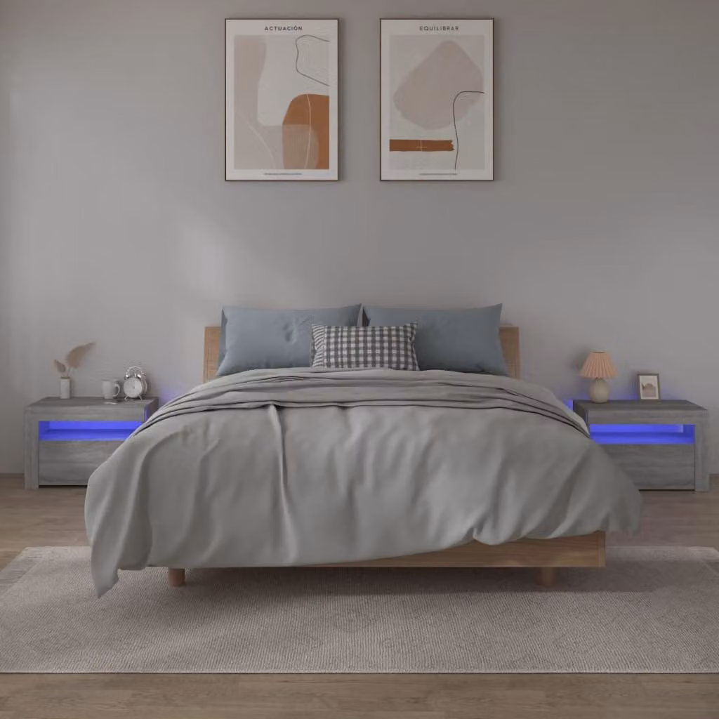 Set di 2 comodini vidaXL con luci LED integrate in colore grigio Sonoma, L: 60 cm, P: 35 cm, H: 40 cm