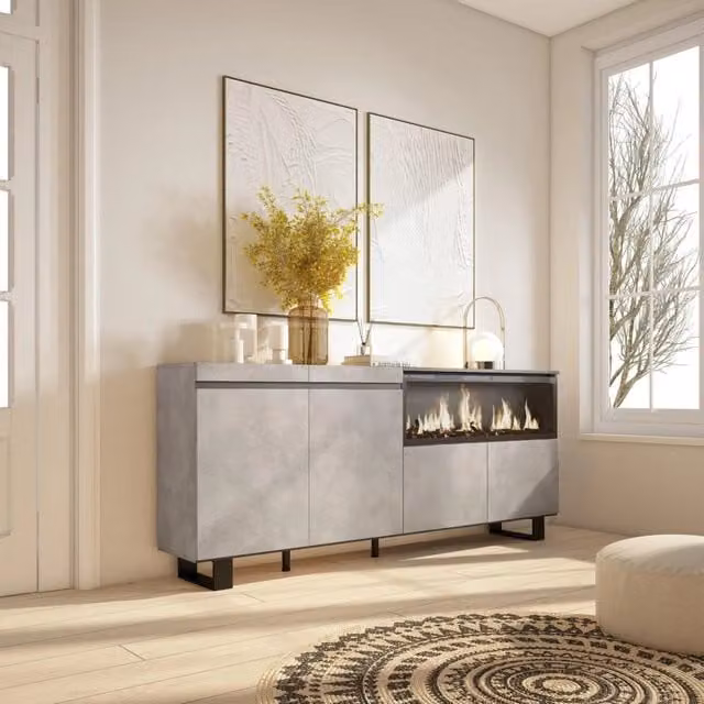 Credenza, Mobile, 208x35x87cm, 4 Porte, Camino elettrico XXL, Design industriale, grigio cemento RF3236