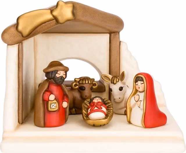 Set Capanna Sacra Famiglia con bue e asinello Thun, ceramica multicolore e rosso