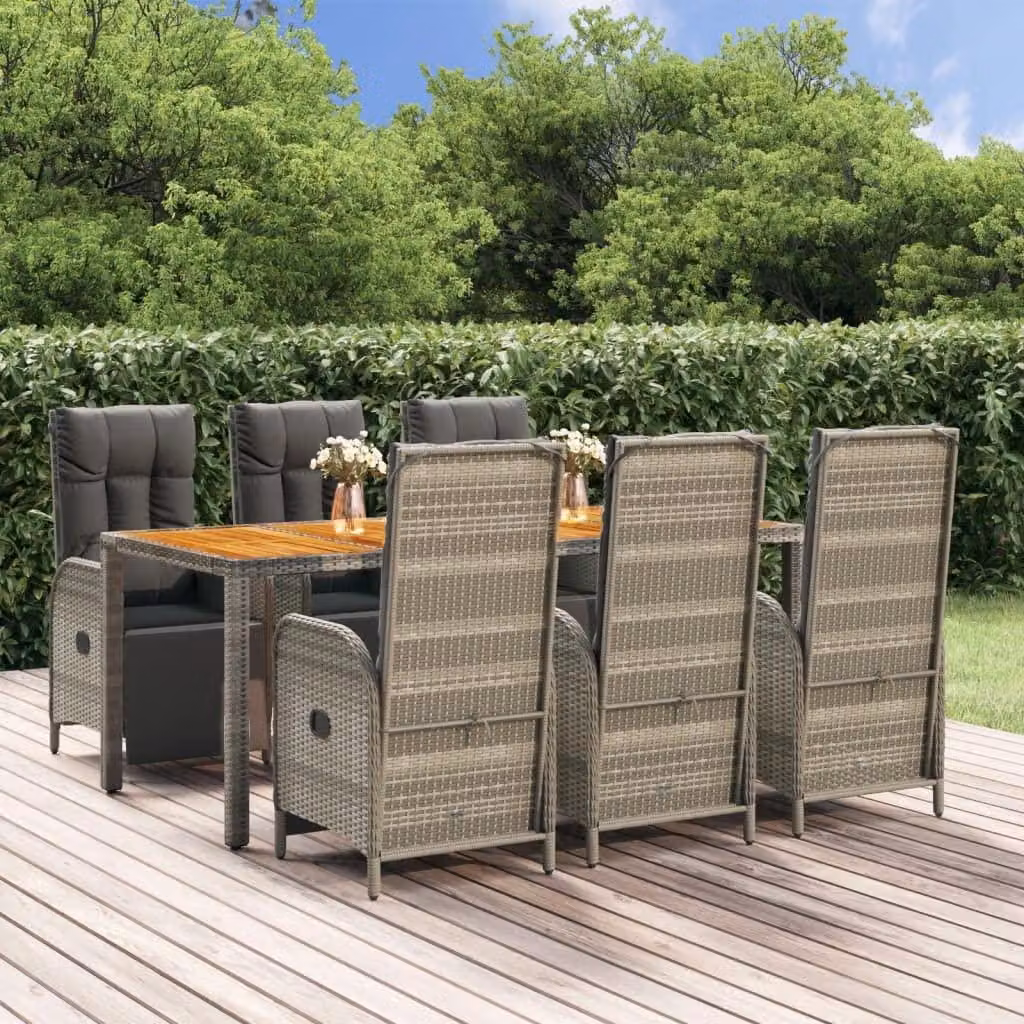 Set da giardino componibile, 7 pezzi - Tavolo da 190 cm - Materiale effetto rattan grigio - Piano del tavolo in legno di acacia - Sedie regolabili - Set lounge per esterni