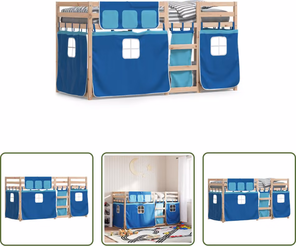 The Living Store Letto a castello con tende blu 90x200 cm in legno di pino massiccio