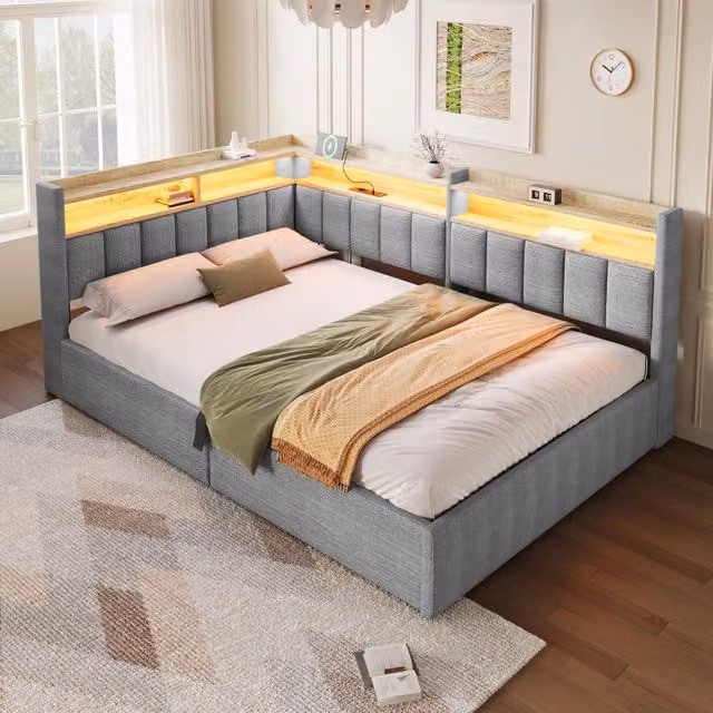 Letto contenitore 140 x 200 cm con contenitore idraulico, LED e USB-A/Type-C, letto imbottito in velluto grigio con vani laterali reversibili