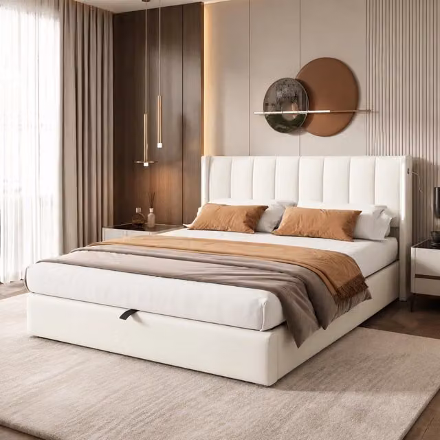 Letto imbottito con illuminazione LED, porta USB, 140 x 190 cm, con vano contenitore e testiera regolabile, rivestimento in PU bianco