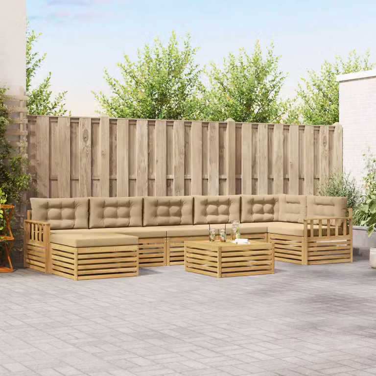 Set di divani da esterno vidaXL a forma di L composto da 8 pezzi in legno di acacia con cuscini, colori bianco, beige e marrone
