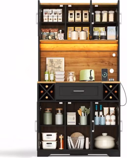 Credenza alta da cucina 105 x 40 x 180 cm in MDF con LED RGB; portabottiglie e prese USB; nera e naturale