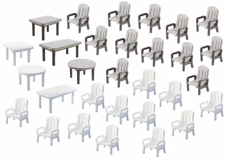 Set di mobili da giardino, 24 sedie e 6 tavoli, scala 1:160, materiale plastico
