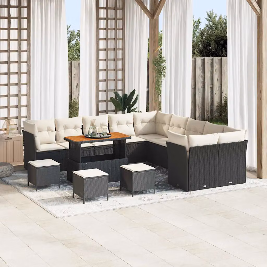Set Divano da Giardino vidaXL 14 Pezzi a Forma di U con Cuscini Nero e Beige in Polyrattan e Acciaio – 1