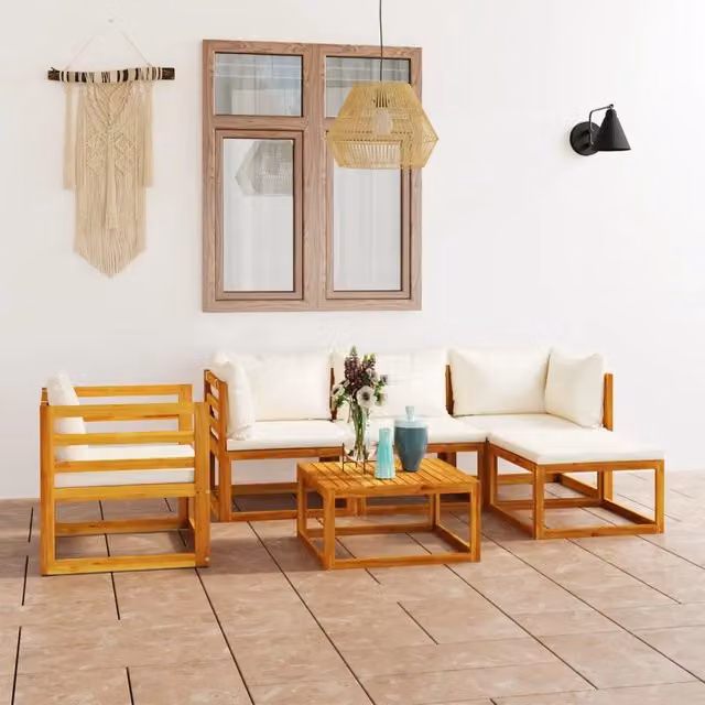 vidaXL Set di Divani da Giardino a L in Legno di Acacia Massello con Cuscini Beige 6 pz