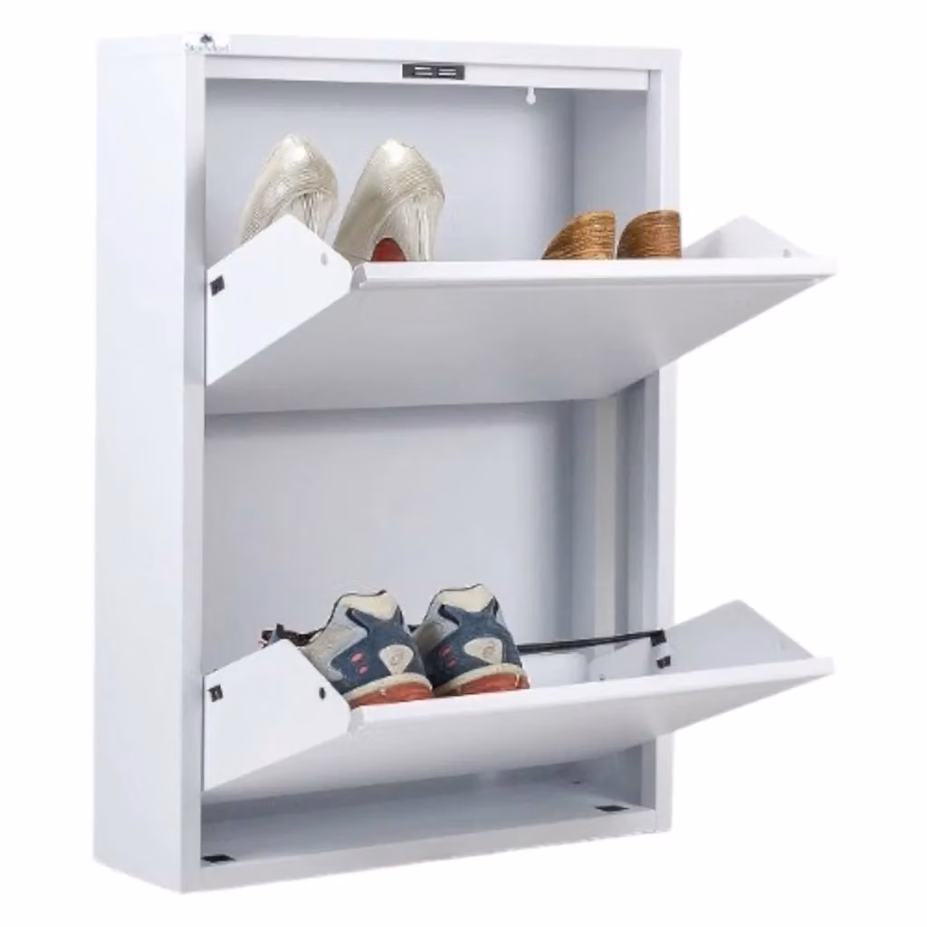 Scarpiera Igina DMORA, Mobile porta scarpe moderno in metallo bianco con ante a ribalta per ingresso, L: 50 cm, P: 15 cm, H: 71 cm – 2