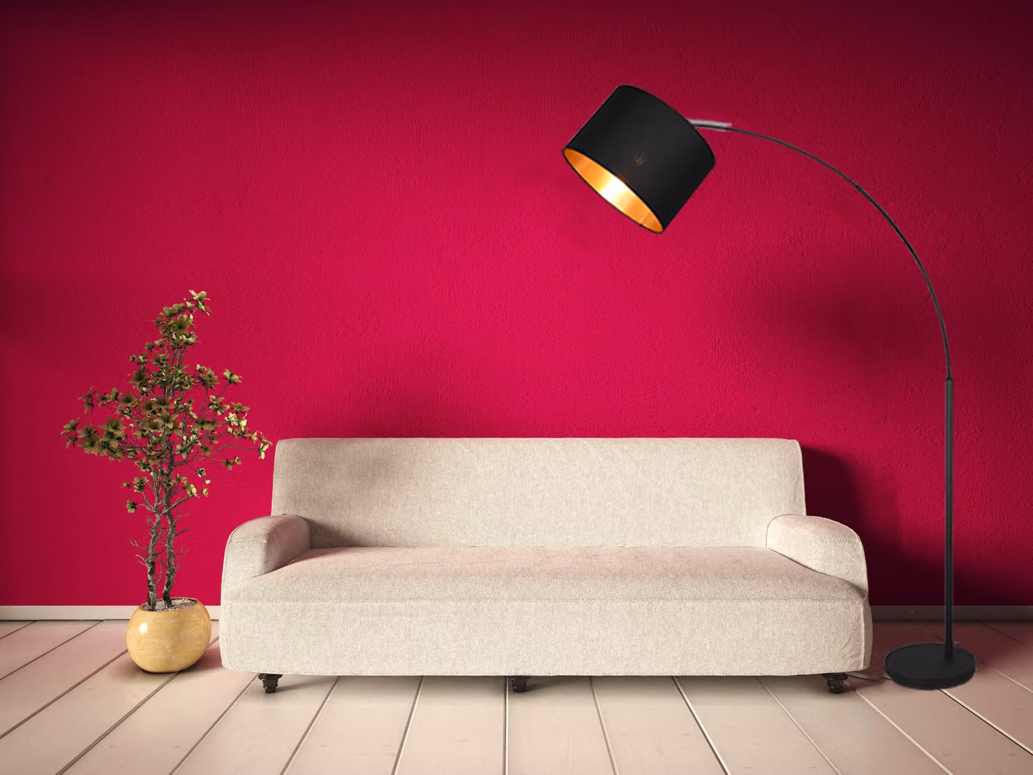 Lampada ad arco a LED nera con paralume in tessuto, interno dorato; lampada da lettura a stelo, altezza 171 cm
