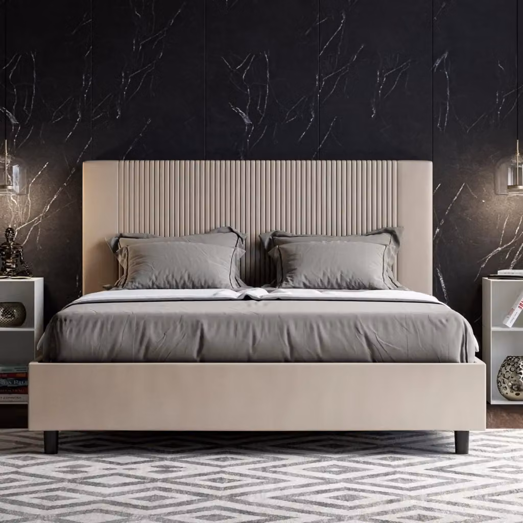 Letto Matrimoniale Giordanoshop con Contenitore e Alzata, Imbottito in Similpelle Beige, L: 175 cm, P: 230 cm, H: 122 cm – 2