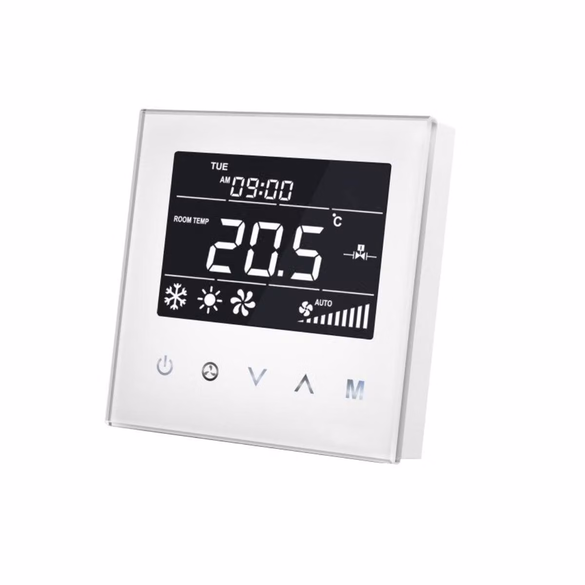 Termostato per fan coil per tubi a 2 fili, Z-Wave, capacitivo, pannello in vetro