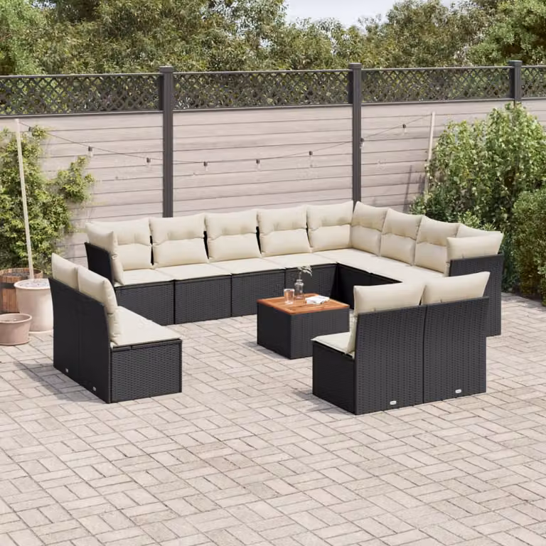 vidaXL Set Divani da Giardino 13pz in Polyrattan con Cuscini e Tavolino da Esterno, Colore Nero e Bianco