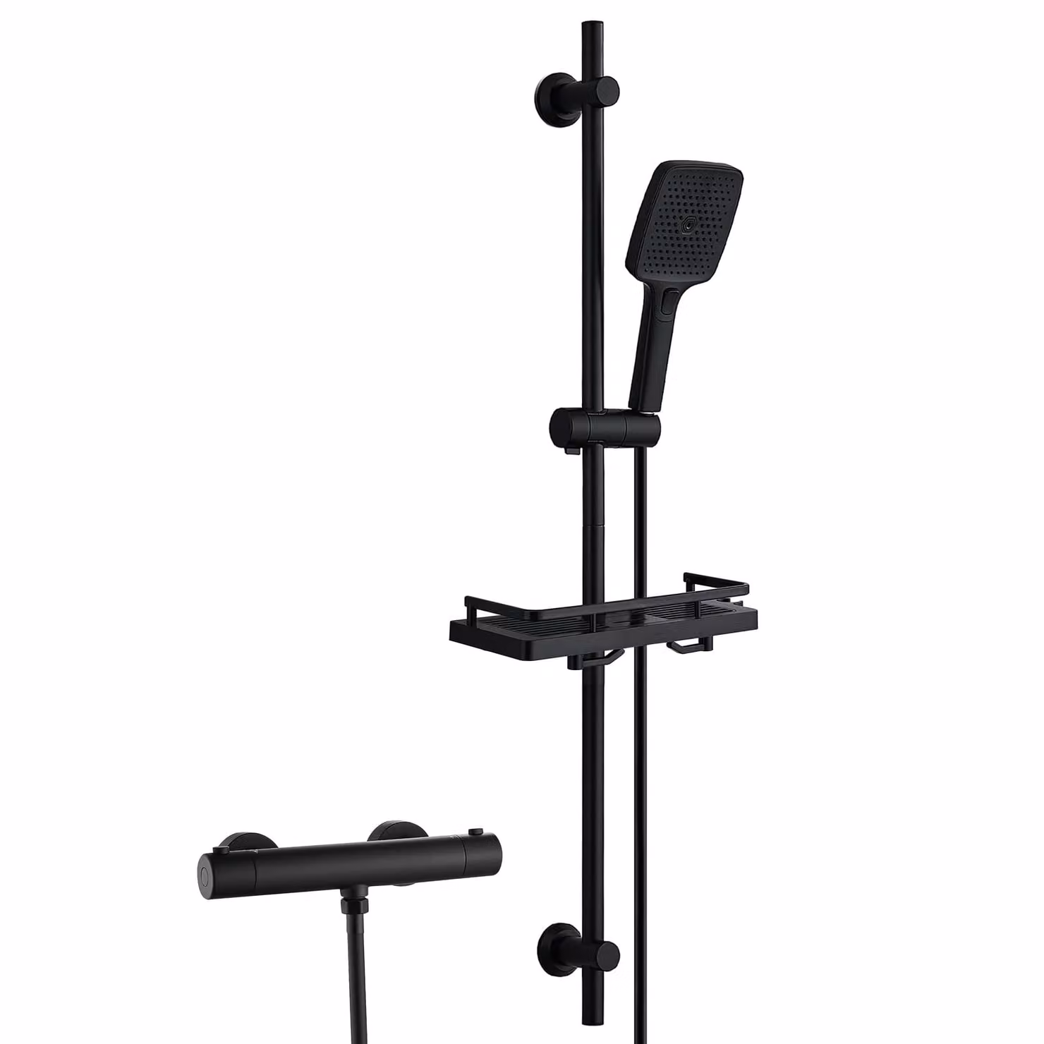 Sistema doccia in acciaio inossidabile JOHO con rubinetteria, set con barra doccia, termostato, doccetta, flessibile e barra doccia da 100 cm con ripiano, nero